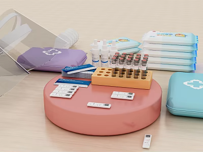 Medical Devices Test Tubes Sample Containers Test Cards And First Aid Kits On Pink Platform 3d model