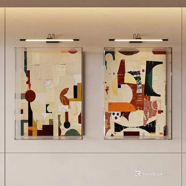 Abstract Paintings On White Wall With Geometric Shapes Colorful Patterns Transparent Frames And Ceiling Lights 3d model