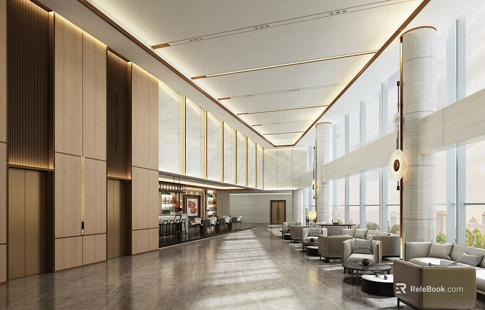 Modern Spacious Hotel Lobby Interior Design With Wooden Walls Pendant Lights And Sofa Seating 3d model 