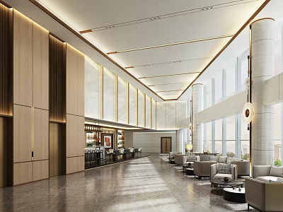 Modern Spacious Hotel Lobby Interior Design With Wooden Walls Pendant Lights And Sofa Seating 3d model