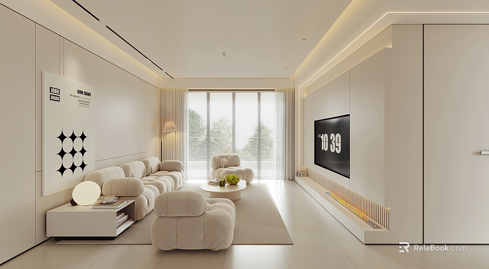 Modern White Living Room Interior Featuring Sofa Coffee Table TV And Floor To Ceiling Windows 3d model 
