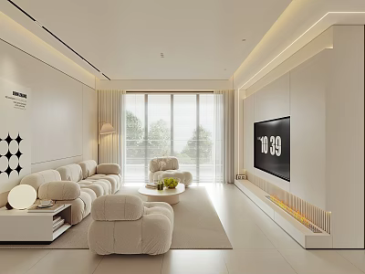 Modern White Living Room Interior Featuring Sofa Coffee Table TV And Floor To Ceiling Windows 3d model