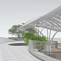 Modern Urban Plaza Landscape With Curved Roof Glass Railing Green Plants And Cone Structures