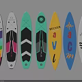 Colorful Paddleboards With Various Designs And Brand Logos On White Background