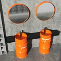 Two Orange Washbasins with FreeB and Supreme Logos Two Round Mirrors Grey Wall Grid Decor