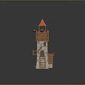 Three Medieval Wooden Fortress Towers With Stone Bases Red Roof Lookout Windows And Stairs