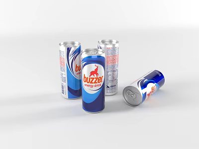 Buzzed Energy Drink Blue And Silver Cans Arranged In Various Positions On White Background 3d model