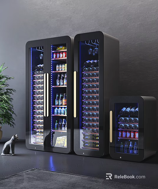 Modern Black Glass Door Wine Cooler With Blue LED Lighting And Multiple Bottle Storage 3d model 