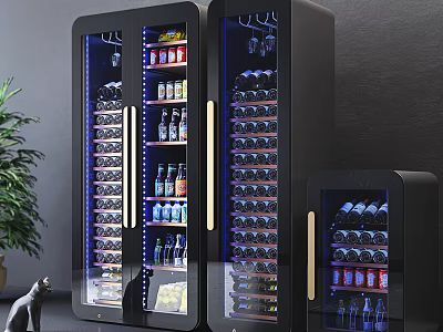 Modern Black Glass Door Wine Cooler With Blue LED Lighting And Multiple Bottle Storage 3d model