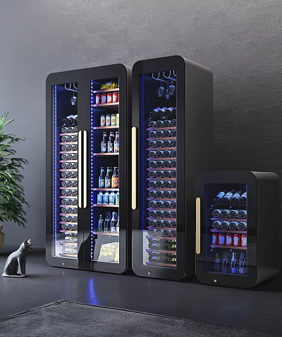 Modern Black Glass Door Wine Cooler With Blue LED Lighting And Multiple Bottle Storage 3d model