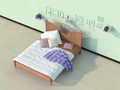 Double Bed with Wooden Headboard White Sheets Purple Blanket Pillows Light Green Walls Wall Shelves 3d model