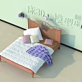 Double Bed with Wooden Headboard White Sheets Purple Blanket Pillows Light Green Walls Wall Shelves