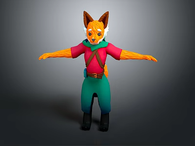 Game Movie Fox Character With Orange Face Brown Ears Red Shirt Green Pants Black Boots 3d model