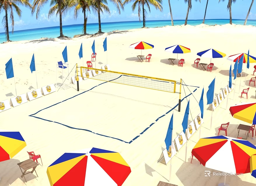 Tropical Beach Volleyball Court With Colorful Umbrellas Chairs Palm Trees And Blue Sea 3d model 