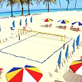Tropical Beach Volleyball Court With Colorful Umbrellas Chairs Palm Trees And Blue Sea