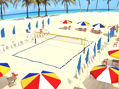 Tropical Beach Volleyball Court With Colorful Umbrellas Chairs Palm Trees And Blue Sea 3d model