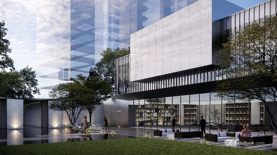 Modern Sales Office Building With Glass Curtain Wall Stone Facade And Landscaped Courtyard 3d model 