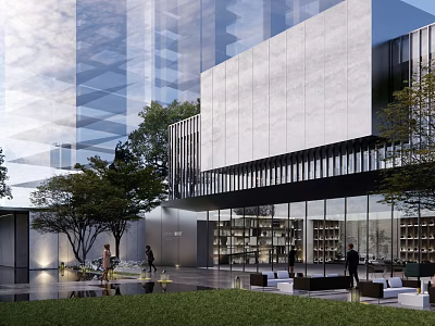 Modern Sales Office Building With Glass Curtain Wall Stone Facade And Landscaped Courtyard 3d model