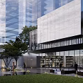 Modern Sales Office Building With Glass Curtain Wall Stone Facade And Landscaped Courtyard