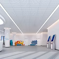 Modern Lobby Interior With Blue Wall Digital Screen White Reception Desk And Pillars