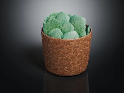 Brown Woven Storage Basket With Green Cactus Pads For Home Decor 3d model