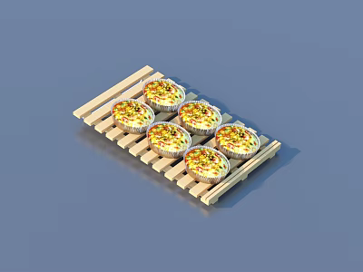 Six Freshly Baked Cupcakes on Wooden Tray with Colorful Yellow Toppings 3d model