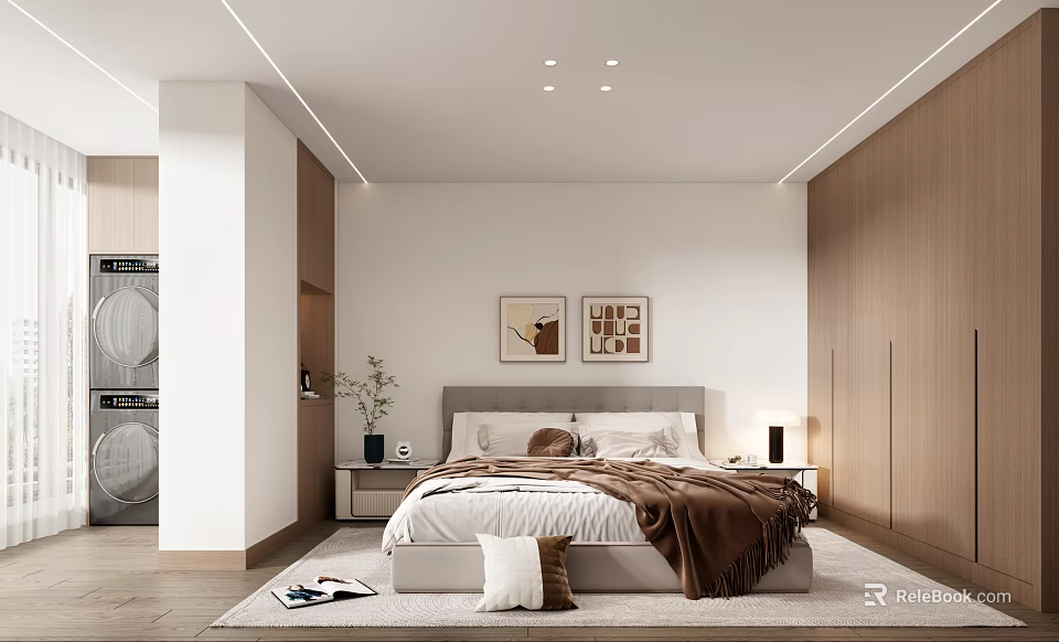 Modern Bedroom Interior Design With Bed Nightstands Lamps Decorative Paintings And Wooden Wardrobes 3d model 