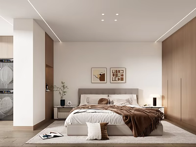 Modern Bedroom Interior Design With Bed Nightstands Lamps Decorative Paintings And Wooden Wardrobes 3d model