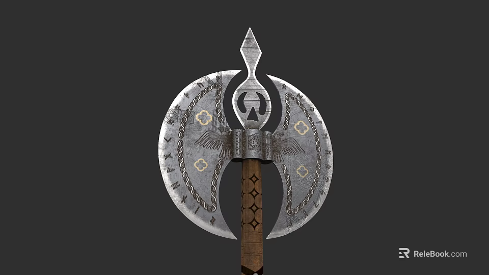 Ornate Double Bladed Axe Weapon With Wing Design And Wooden Handle 3d model 