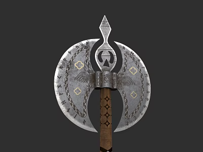 Ornate Double Bladed Axe Weapon With Wing Design And Wooden Handle 3d model