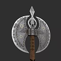 Ornate Double Bladed Axe Weapon With Wing Design And Wooden Handle