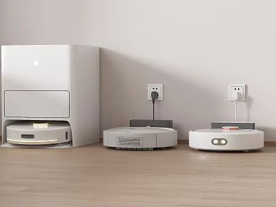 Smart Cleaning Robots With Charging Base And Multiple Models On Wooden Floor 3d model