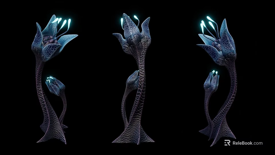 Three Dark Colored Exotic Flowers with Glowing Blue Stamens Against Black Background 3d model 