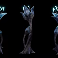 Three Dark Colored Exotic Flowers with Glowing Blue Stamens Against Black Background