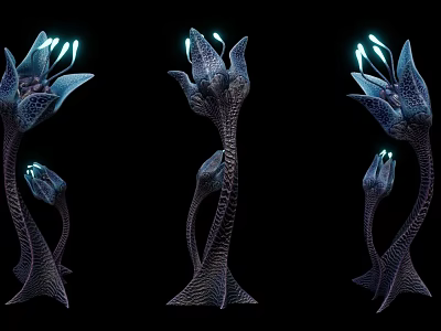 Three Dark Colored Exotic Flowers with Glowing Blue Stamens Against Black Background 3d model