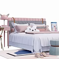 Kids Bed with Pink Headboard Cute Horns White Plush Toy Desk Chair and Ottomans