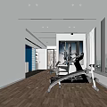 Spacious Modern Entertainment Room with Wooden Flooring Large Windows and Fitness Equipment