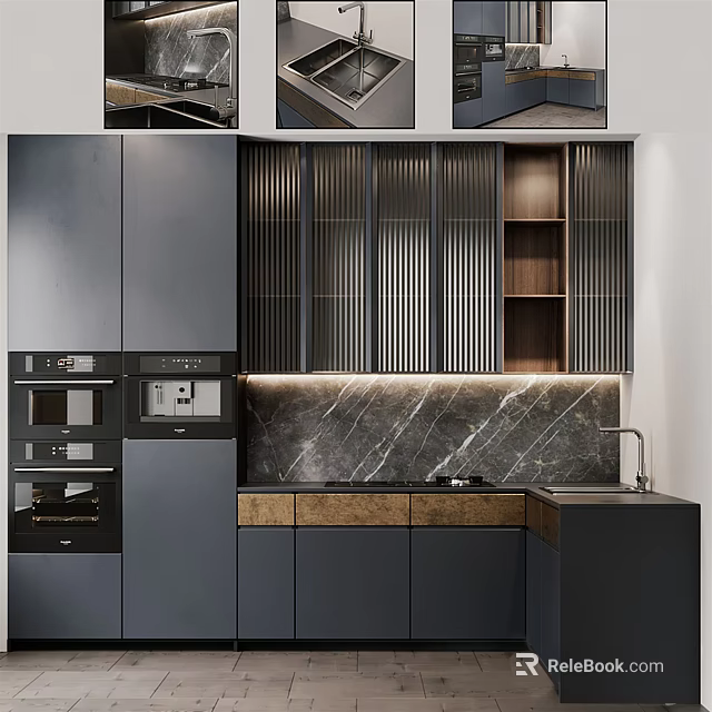 Modern Dark Gray Kitchen Interior With Slatted Cabinets Marble Countertop And Built In Appliances 3d model 