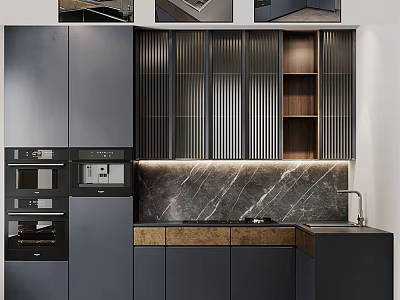 Modern Dark Gray Kitchen Interior With Slatted Cabinets Marble Countertop And Built In Appliances 3d model