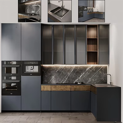 Modern Dark Gray Kitchen Interior With Slatted Cabinets Marble Countertop And Built In Appliances 3d model