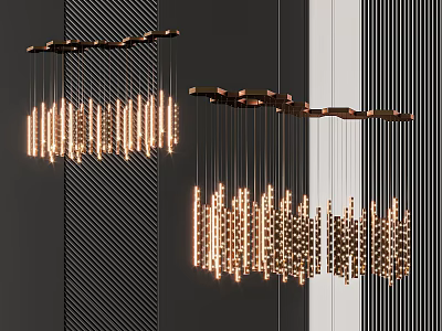 Modern Design Chandeliers With Metal Frame Hanging Warm Light Strips On Striped Walls 3d model