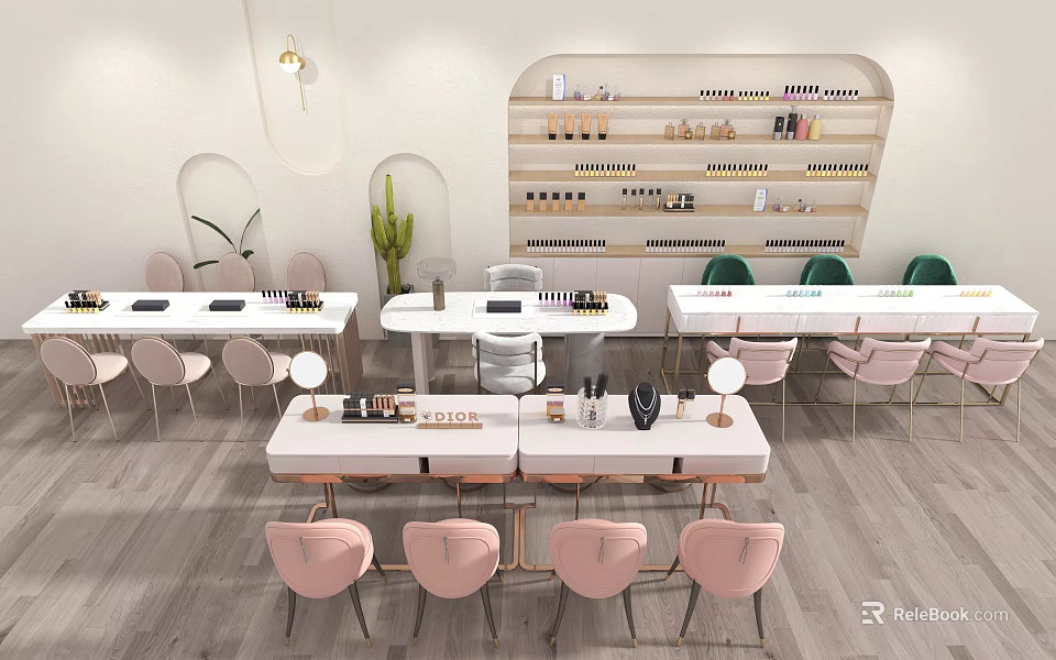 Modern Nail Salon Interior With White Tables Pink And Green Chairs Set 3d model 