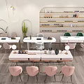 Modern Nail Salon Interior With White Tables Pink And Green Chairs Set