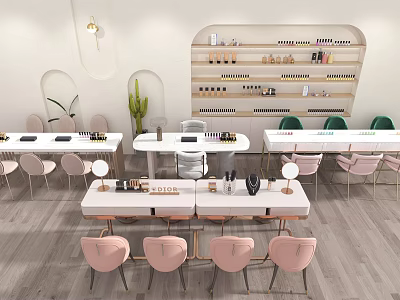 Modern Nail Salon Interior With White Tables Pink And Green Chairs Set 3d model