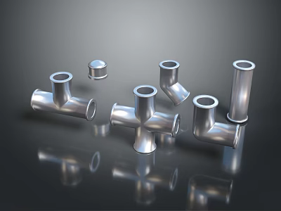 Shiny Stainless Steel Pipe Fittings With Tees Elbows And Reflective Surface On Dark Background 3d model