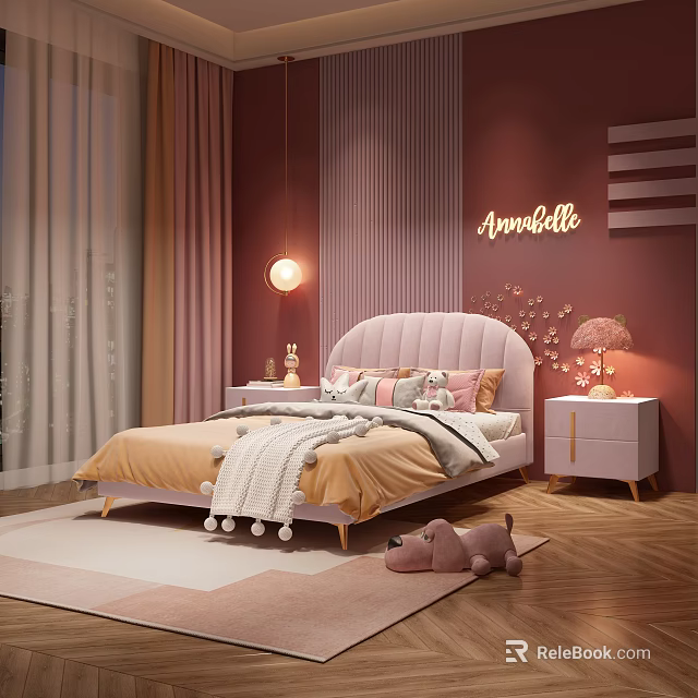 Cozy Kids Bedroom With Pink Bed Plush Toy And Name Sign 3d model 