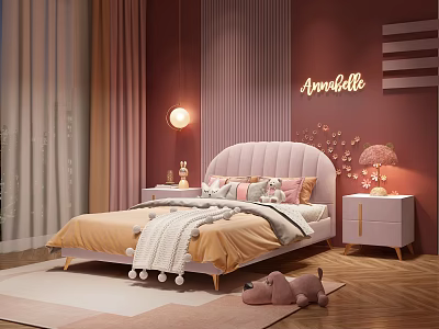 Cozy Kids Bedroom With Pink Bed Plush Toy And Name Sign 3d model