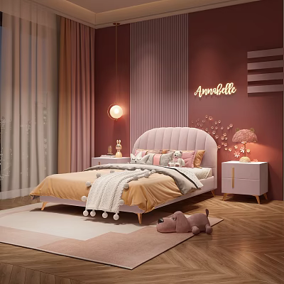 Cozy Kids Bedroom With Pink Bed Plush Toy And Name Sign 3d model