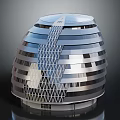 Modern Dome Shaped Building With Metallic Striped Exterior And Geometric Lattice Pattern
