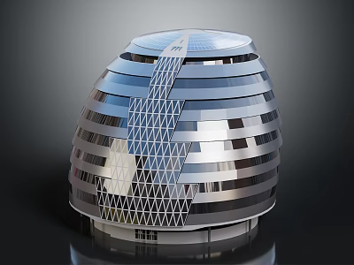 Modern Dome Shaped Building With Metallic Striped Exterior And Geometric Lattice Pattern 3d model